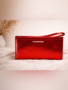 Clinique Metallic Red Wristlet Clutch | Zip Pouch Evening Bag Holiday Party